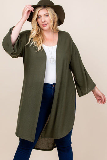 Plus Size Solid Hacci Brush Open Front Long Cardigan With Bell Sleeves - Deals Kiosk