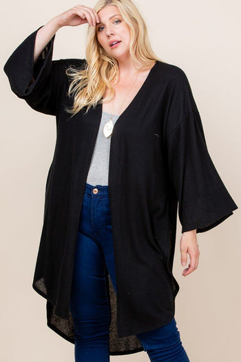 Plus Size Solid Hacci Brush Open Front Long Cardigan With Bell Sleeves - Deals Kiosk