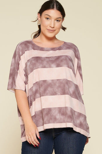 Stripe Printed Pleated Blouse Featuring A Boat Neckline And 1/2 Sleeves - Deals Kiosk