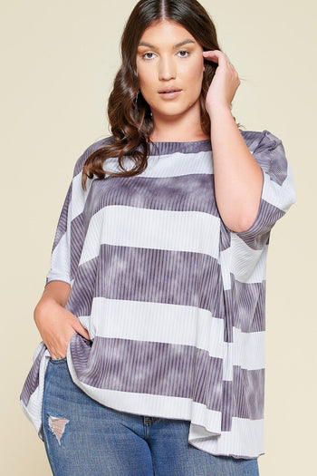 Stripe Printed Pleated Blouse Featuring A Boat Neckline And 1/2 Sleeves - Deals Kiosk