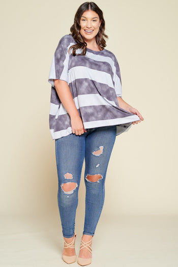 Stripe Printed Pleated Blouse Featuring A Boat Neckline And 1/2 Sleeves - Deals Kiosk