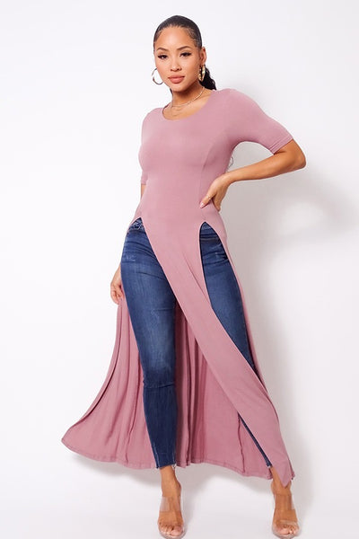 Elbow Sleeve Maxi Tank Top With Side Slits - Deals Kiosk