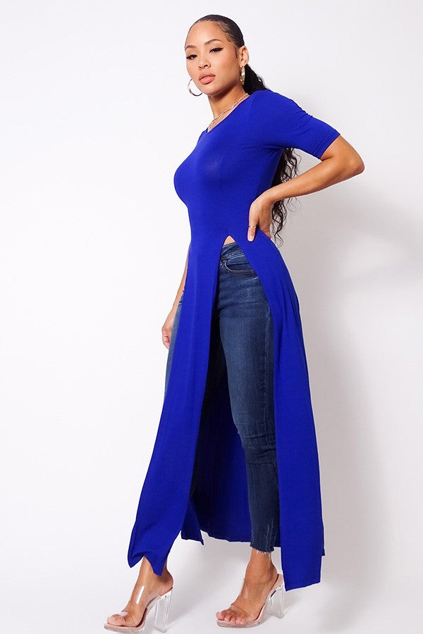 Elbow Sleeve Maxi Tank Top With Side Slits - Deals Kiosk