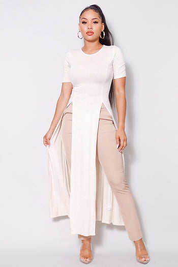 Elbow Sleeve Maxi Tank Top With Side Slits - Deals Kiosk
