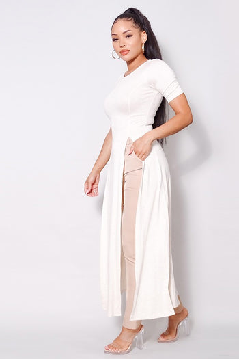 Elbow Sleeve Maxi Tank Top With Side Slits - Deals Kiosk