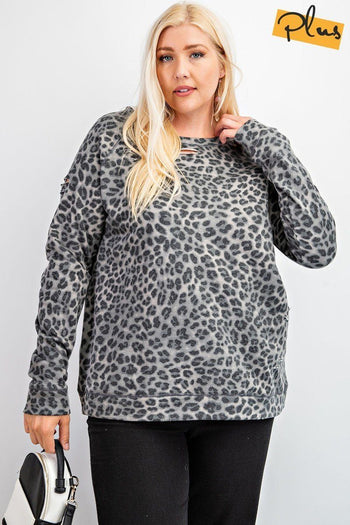 Long Sleeve Leopard Printed Terry Knit Pullover - Deals Kiosk