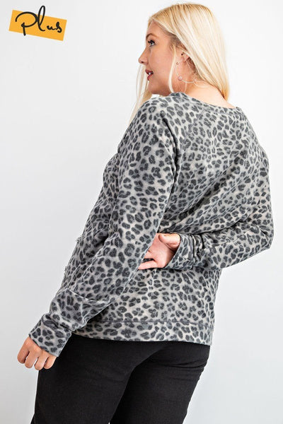 Long Sleeve Leopard Printed Terry Knit Pullover - Deals Kiosk