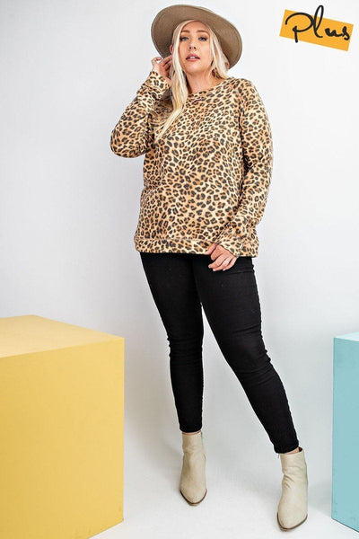 Long Sleeve Leopard Printed Terry Knit Pullover - Deals Kiosk