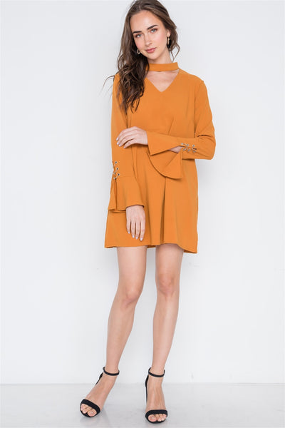 Long Sleeve V-cut Out Solid Mini Dress - Deals Kiosk