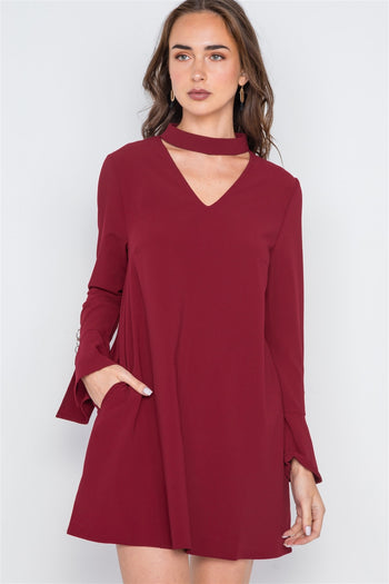 Long Sleeve V-cut Out Solid Mini Dress - Deals Kiosk