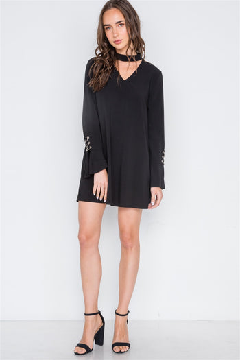 Long Sleeve V-cut Out Solid Mini Dress - Deals Kiosk