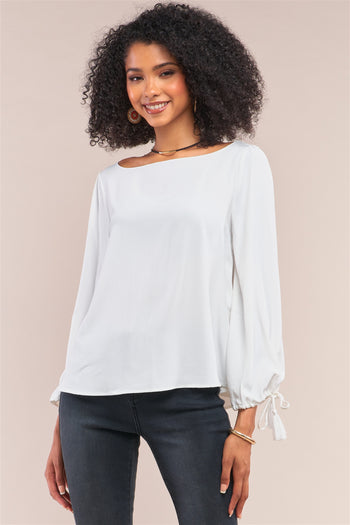 White Bateau Neck Relaxed Fit Tassel Tie Detail Long Sleeve Blouse - Deals Kiosk