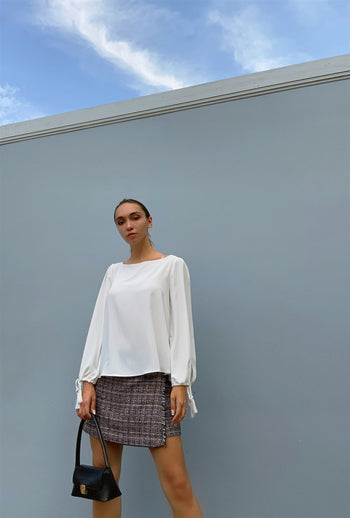 White Bateau Neck Relaxed Fit Tassel Tie Detail Long Sleeve Blouse - Deals Kiosk