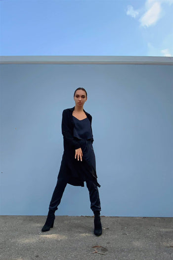 Navy Satin Sleeveless Soft V-neck Layered Self-tie Waist Detail Jumpsuit - Deals Kiosk