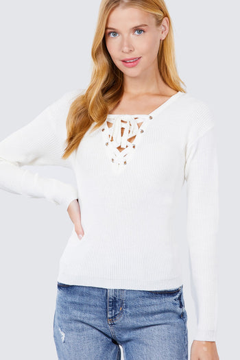 V-neck Eyelet Strap Back Sweater - Deals Kiosk