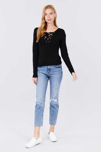 V-neck Eyelet Strap Back Sweater - Deals Kiosk