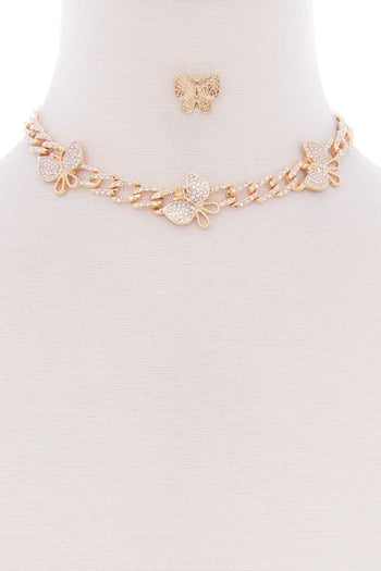 Butterfly Metal Stone Stud Link Chain Necklace Earring Set - Deals Kiosk