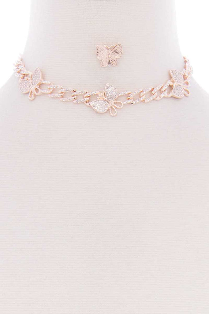 Butterfly Metal Stone Stud Link Chain Necklace Earring Set - Deals Kiosk