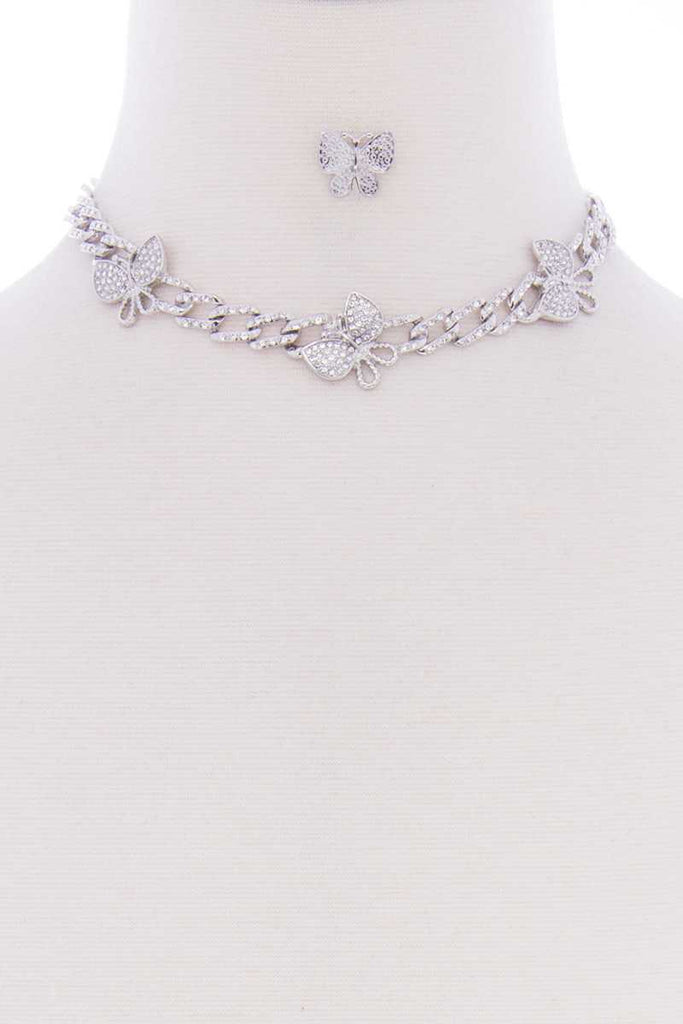 Butterfly Metal Stone Stud Link Chain Necklace Earring Set - Deals Kiosk