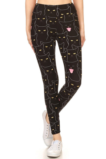 Yoga Style Banded Lined Black Cat Print, Full Length Leggings In A Slim Fitting - Deals Kiosk