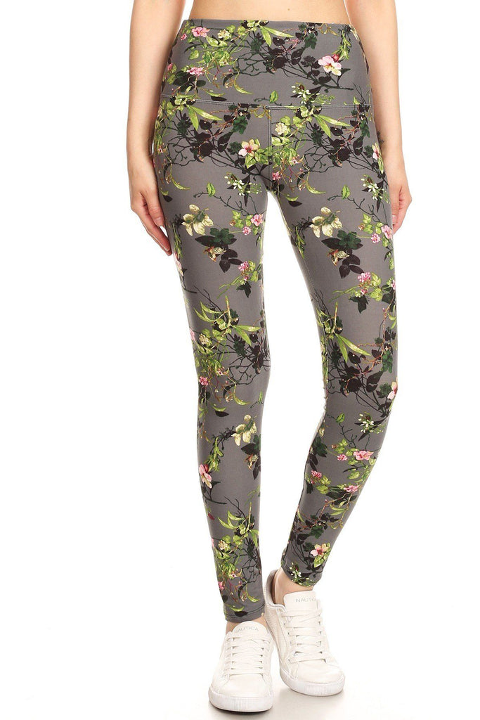5-inch Long Yoga Style Banded Lined Floral Printed Knit Legging With High Waist - Deals Kiosk