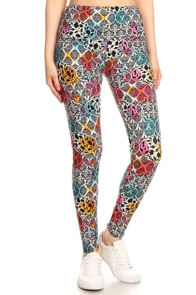 5-inch Long Yoga Style Banded Lined Damask Pattern Printed Knit Legging With High Waist - Deals Kiosk