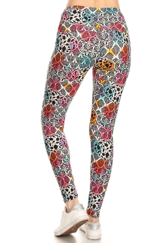 5-inch Long Yoga Style Banded Lined Damask Pattern Printed Knit Legging With High Waist - Deals Kiosk