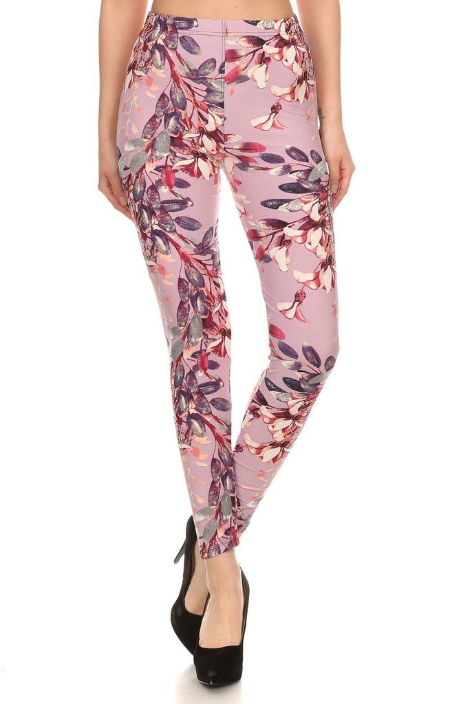 Floral Printed High Waisted Knit Leggings In Skinny Fit With Elastic Waistband - Deals Kiosk