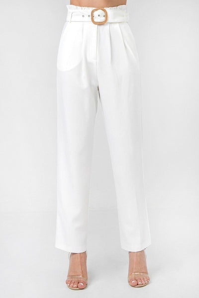 A Solid Pant Featuring Paperbag Waist With Rattan Buckle Belt - Deals Kiosk