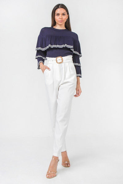 A Solid Pant Featuring Paperbag Waist With Rattan Buckle Belt - Deals Kiosk
