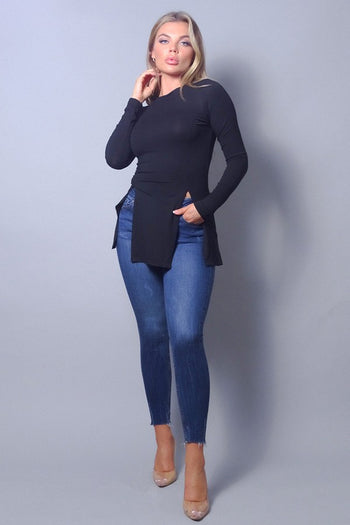 Sleek & Chic Fall Long Sleeve Slitted Top - Deals Kiosk