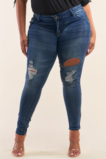 Plus Size Dark Blue Low-rise Ripped Denim Pants - Deals Kiosk