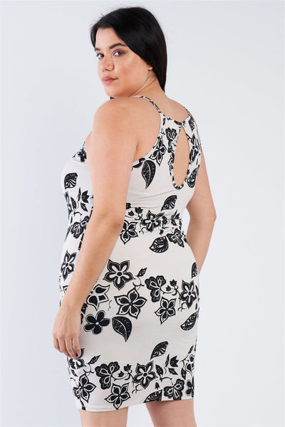 Plus Size Ivory Black Floral Basic Dress - Deals Kiosk