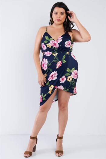 Plus Size Navy Hot Pink Floral Mini Wrap Dress - Deals Kiosk