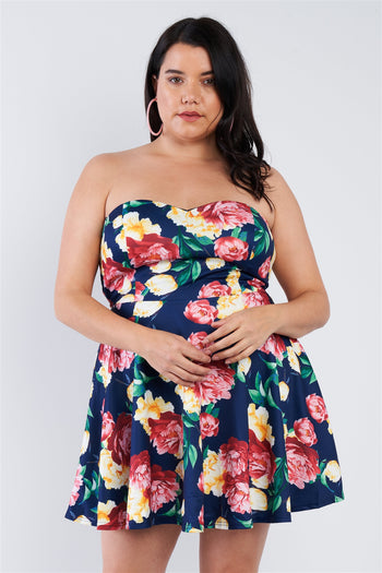 Plus Size Navy Multi Floral Sweetheart Dress - Deals Kiosk