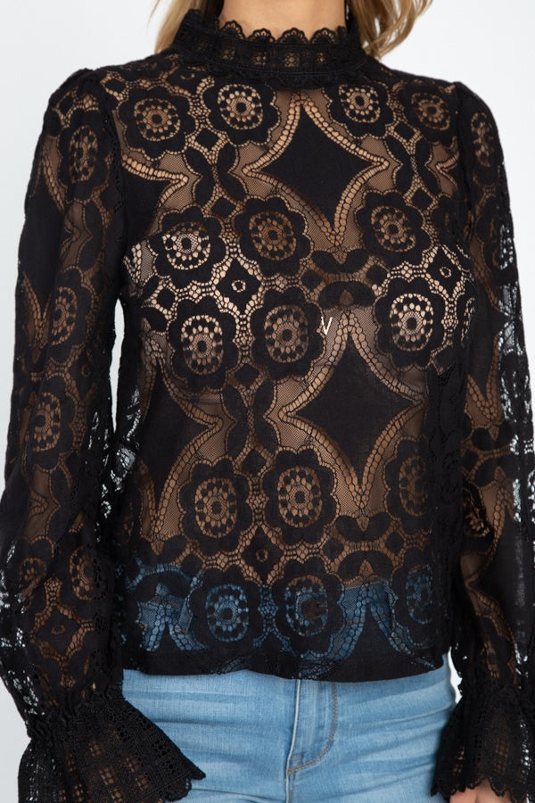 Sheer Floral & Geo Crochet Lace Top - Deals Kiosk