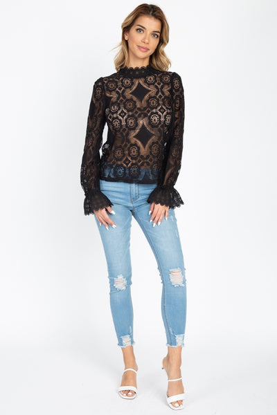 Sheer Floral & Geo Crochet Lace Top - Deals Kiosk