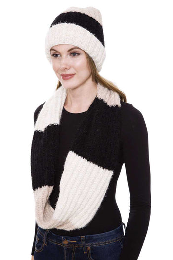 Stripe Pattern Infinity Scarf And Knit Hat Set - Deals Kiosk