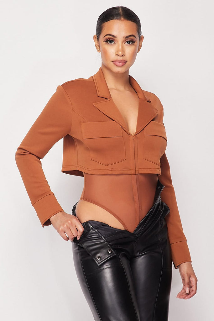 Deep-v Cropped Power Shoulder Blazer Bodysuit - Deals Kiosk