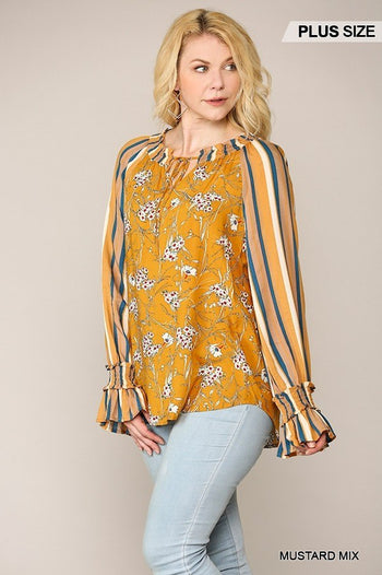 Print Mixed Peasant Smocked Top - Deals Kiosk