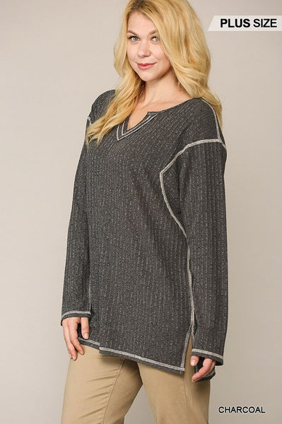 Two-tone Ribbed Tunic Top With Side Slits - Deals Kiosk