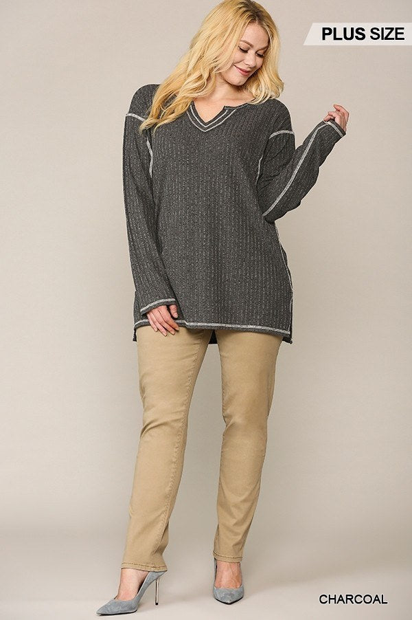 Two-tone Ribbed Tunic Top With Side Slits - Deals Kiosk