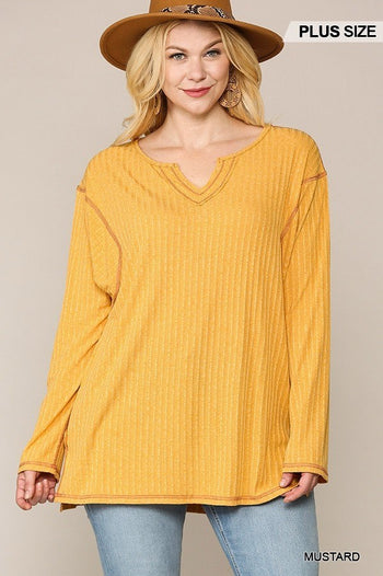 Two-tone Ribbed Tunic Top With Side Slits - Deals Kiosk