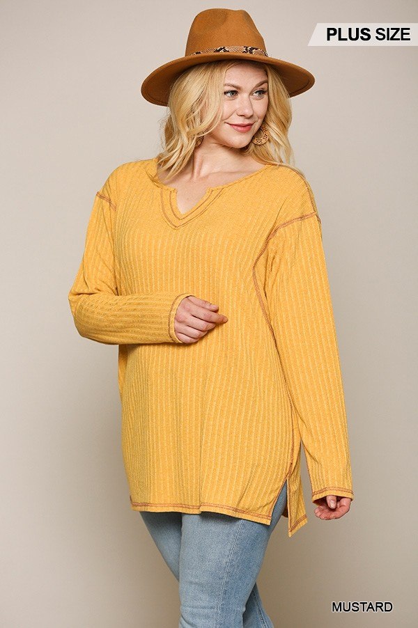 Two-tone Ribbed Tunic Top With Side Slits - Deals Kiosk