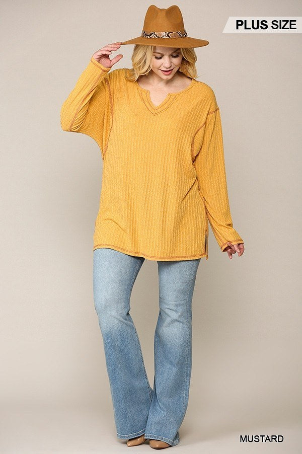 Two-tone Ribbed Tunic Top With Side Slits - Deals Kiosk