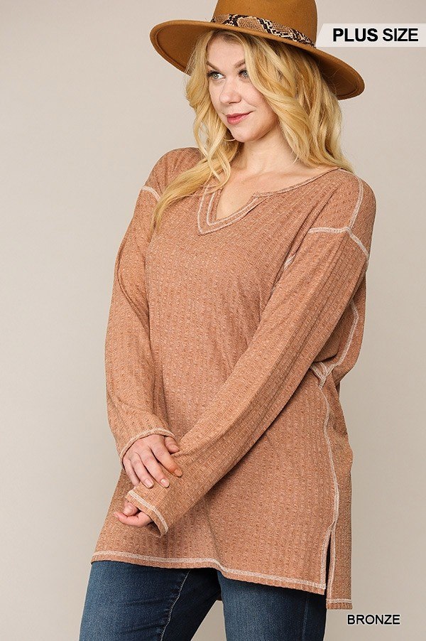 Two-tone Ribbed Tunic Top With Side Slits - Deals Kiosk