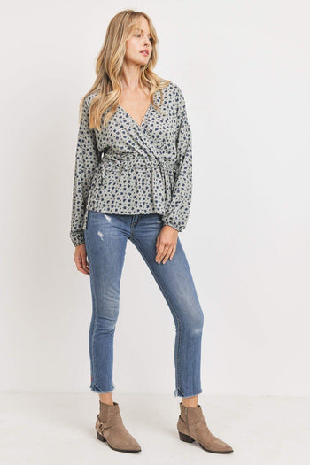 Surplice Neckline Drop Shoulder Long Sleeve Top - Deals Kiosk