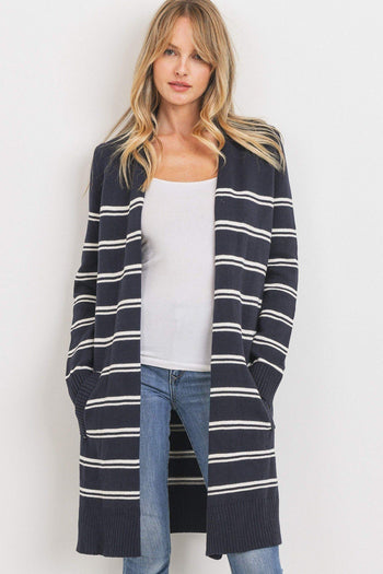Striped Print Open Front Cardigan - Deals Kiosk