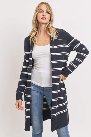 Striped Print Open Front Cardigan - Deals Kiosk