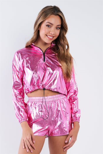 Metallic Lightweight Drawstring Crop Top & Shorts Set - Deals Kiosk